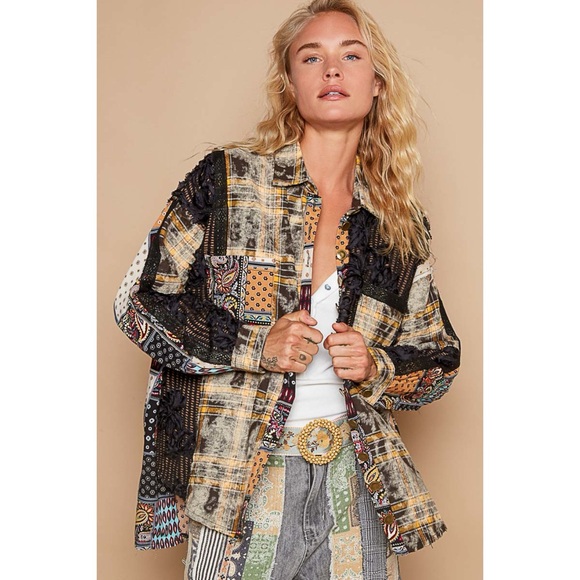 POL Tops - POL Black Multi Plaid Vintage Washed Button Down with 3D Floral Lace